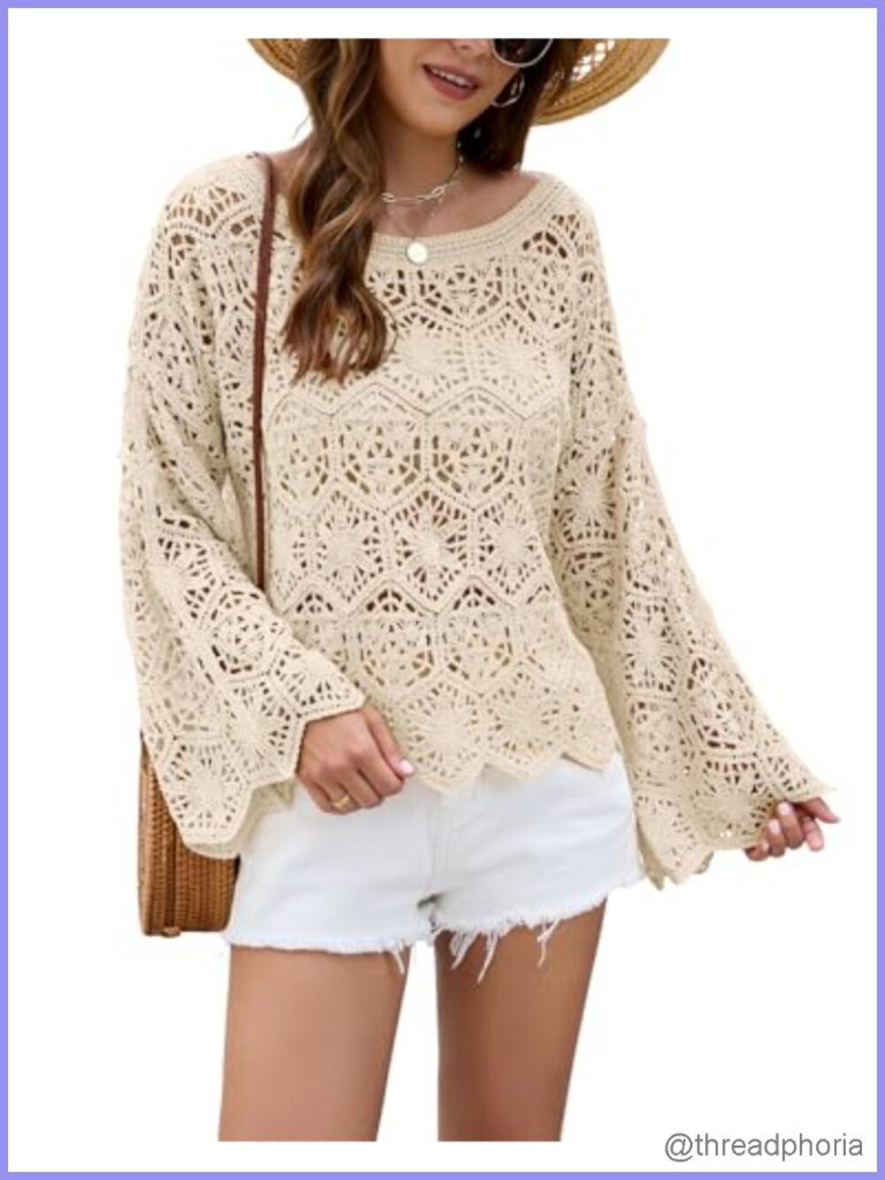 Oversized Boat Neck Crochet Pullover Sweater - Hollow Out Long Bell Sleeve